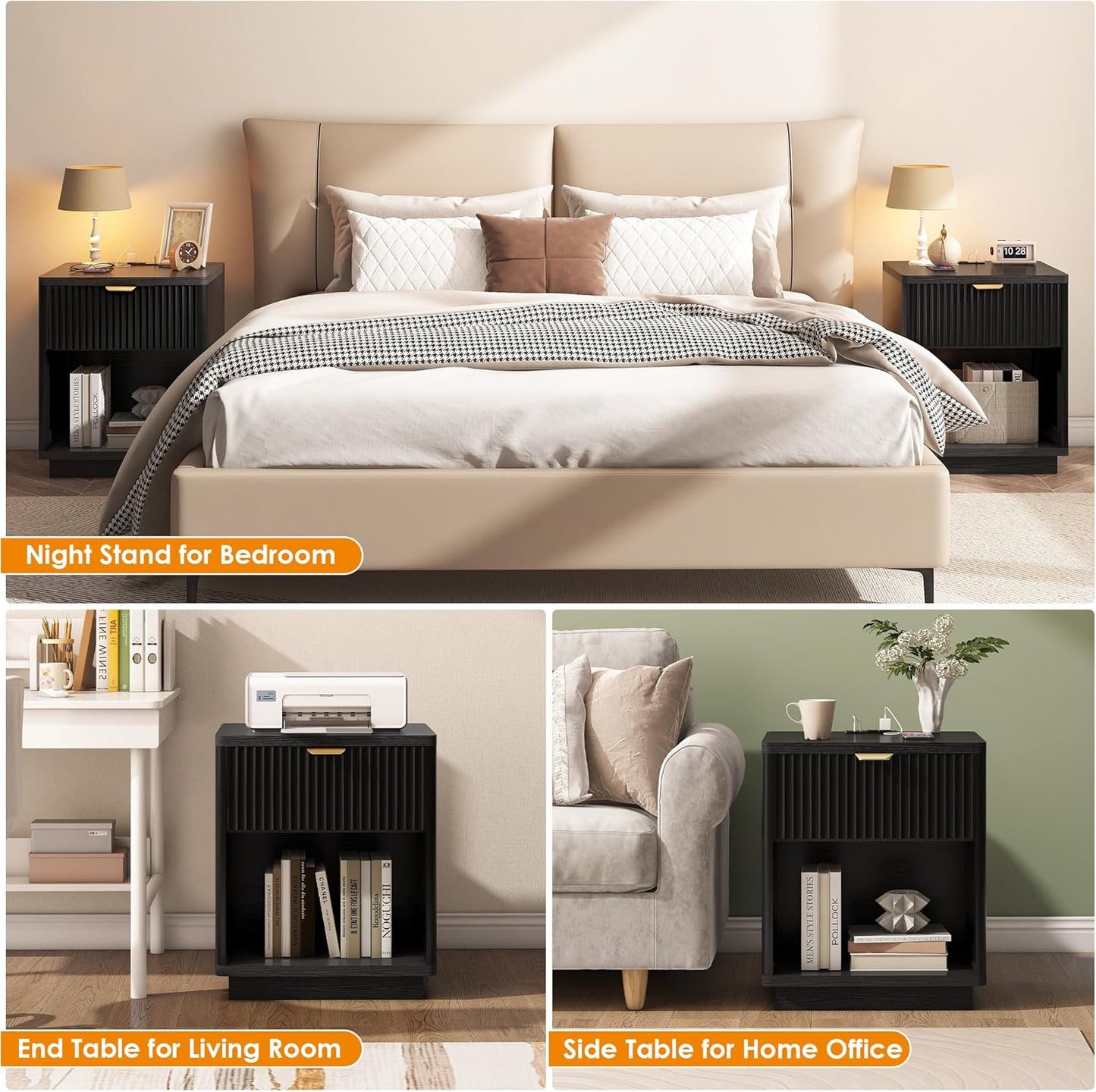 Fluted Nightstand Charging Station,Wood Modern Night Stands Storage Cabinet for Bedroom, Black Bedside Table with Drawers