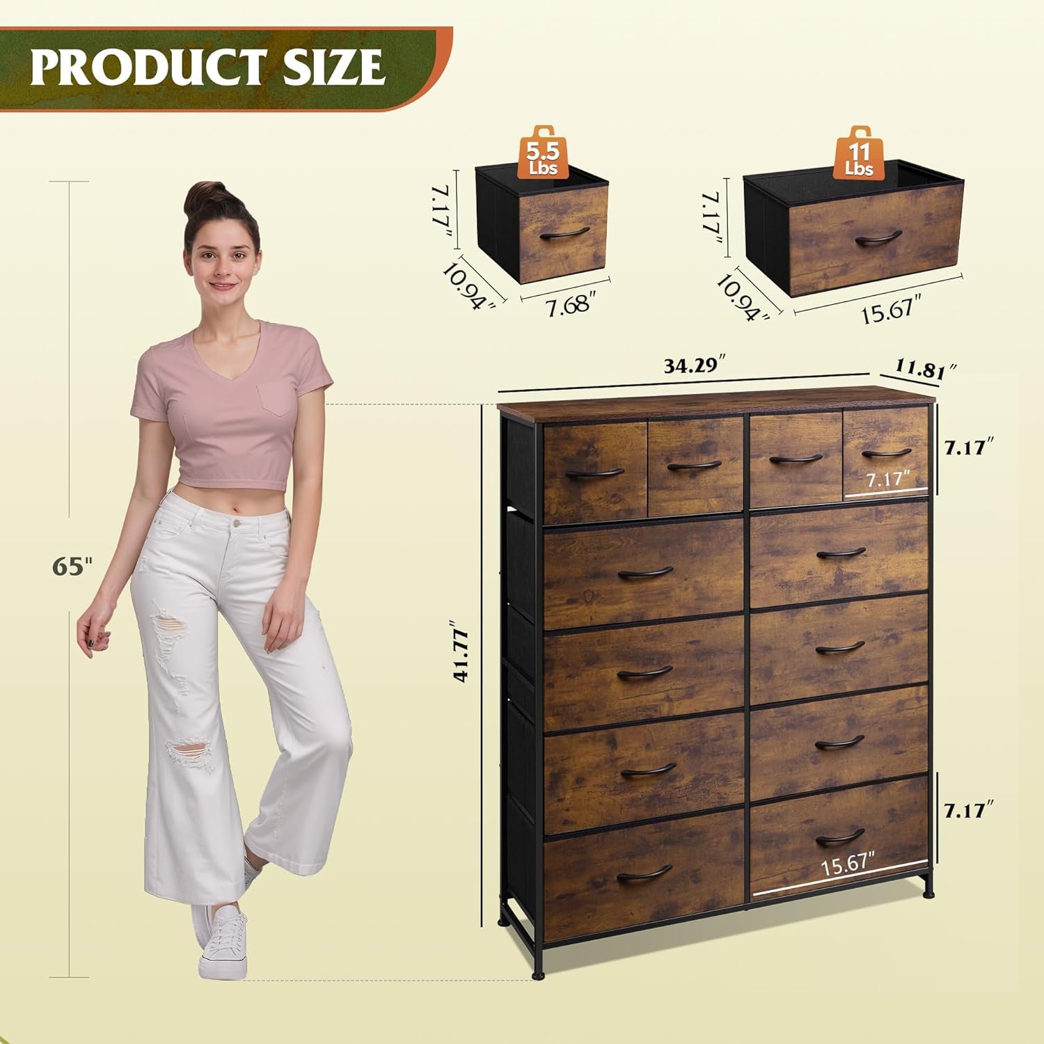 Tall Dresser for Bedroom with 12 Drawers, Dressers & Chests of Drawers, Fabric Dressers for Closet, Storage Dresser Organizer with Steel Frame, Wood Top, Rustic Brown Wood Grain Print
