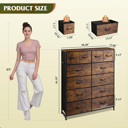 Tall Dresser for Bedroom with 12 Drawers, Dressers & Chests of Drawers, Fabric Dressers for Closet, Storage Dresser Organizer with Steel Frame, Wood Top, Rustic Brown Wood Grain Print