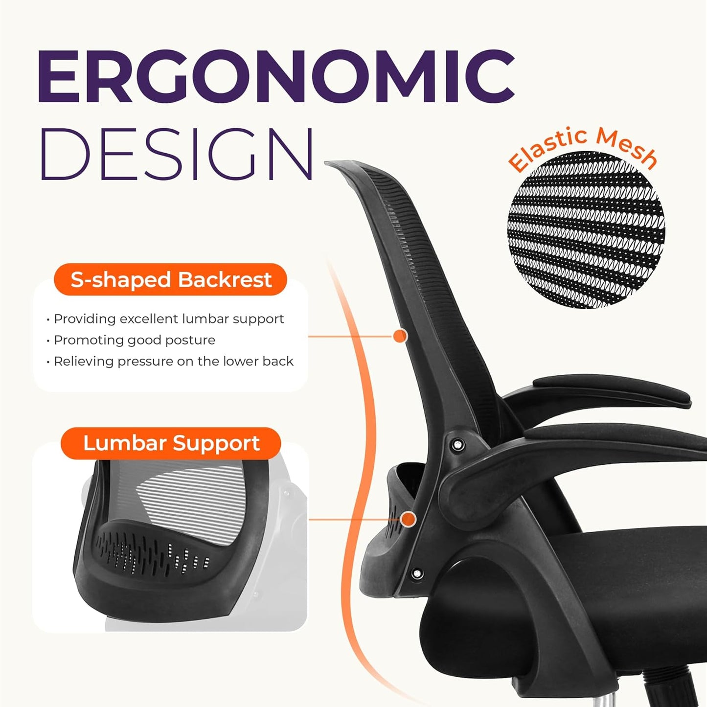 Office Desk Computer Gaming Ergonomic Chair with Lumbar Back Support Adjustable Height Swivel Wheels Flip-Up Arms Mesh Chair for Home or Office (Black)
