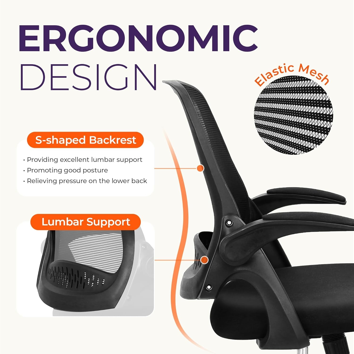 Office Desk Computer Gaming Ergonomic Chair with Lumbar Back Support Adjustable Height Swivel Wheels Flip-Up Arms Mesh Chair for Home or Office (Black)