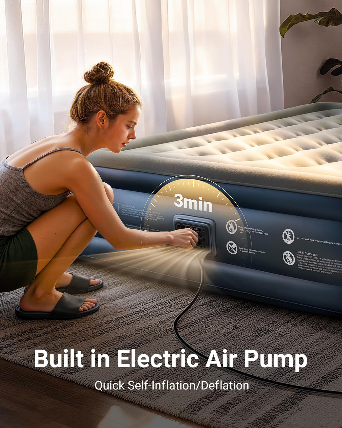 Queen Air Mattress with Built in Pump, 18 Raised Comfort Inflatable Blow up Mattress, Upgraded Support Structure Portable Air Bed for Camping, Guests and Home, Colchon Inflable, 650Lbs Max