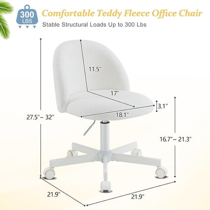 Modern Vanity Chair with Back, Velvet Desk Chair for Girls, Small Office Chair with Silent Wheels， Stylish and Comfortable, White