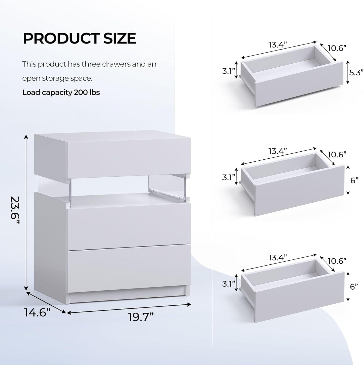 White LED Nightstand Set of 2,Night Stand Set 2,Modern Night Stand with 3 Drawers,Night Stands for Bedroom Set of 2,Bedside Table with Silent Slide Drawer