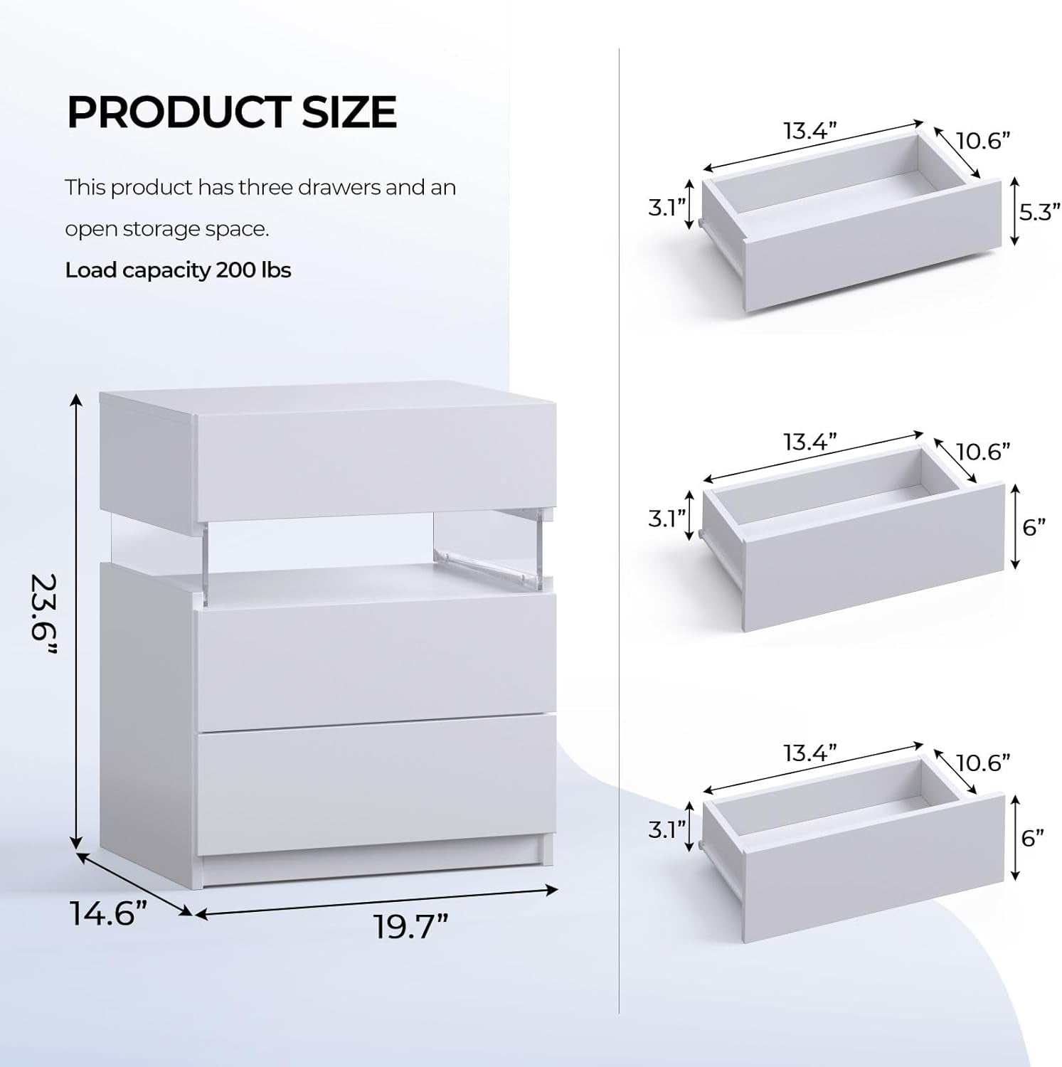 White LED Nightstand Set of 2,Night Stand Set 2,Modern Night Stand with 3 Drawers,Night Stands for Bedroom Set of 2,Bedside Table with Silent Slide Drawer