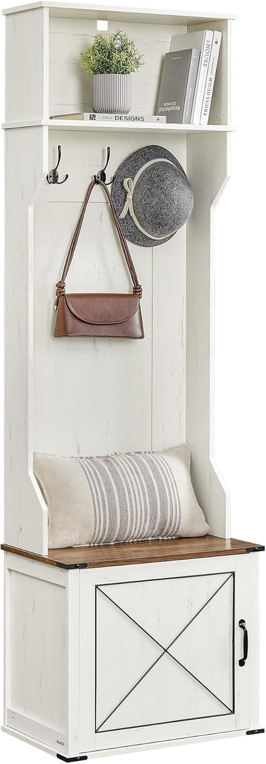 Hall Tree with Bench and Shoe Storage, Coat Rack with Shoe Bench, Entryway Furniture, 3 Tri-Hooks, Door with Handle, Farmfouse Style, Space Saving, Rustic White and Honey Brown UHSR441W01