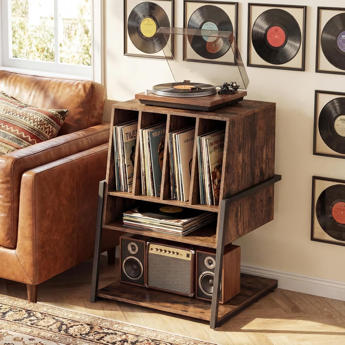 Record Player Stand on Wheels, 3-Tier Turntable Stand with Charging Station, Compartment & Open Shelf, Holds up to 150 Vinyl Records, Modern Vinyl Record Storage for Small Spaces, Rustic Brown