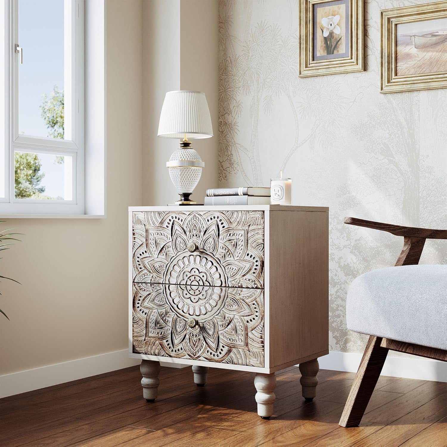 White Nightstands Set 2, Vintage Nightstands with 2 Drawers, Farmhouse Bedside Tables Set of 2, Easy to Assemble End Tables with Lotus Pattern for Small Spaces, Bedroom, Guest Room, White