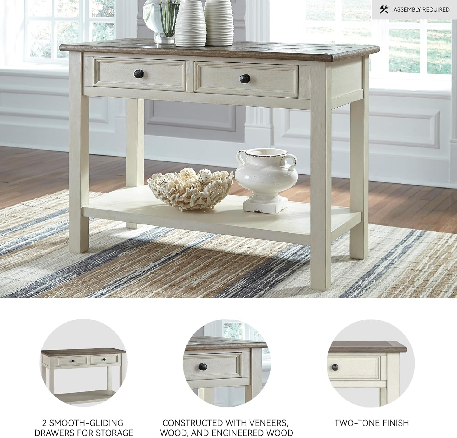 Bolanburg Sofa Table, Two‑Tone Wood Console with Drawers, Antique Finish with Metal Hardware, Ideal for Entryway or Living Room Display, Antique White