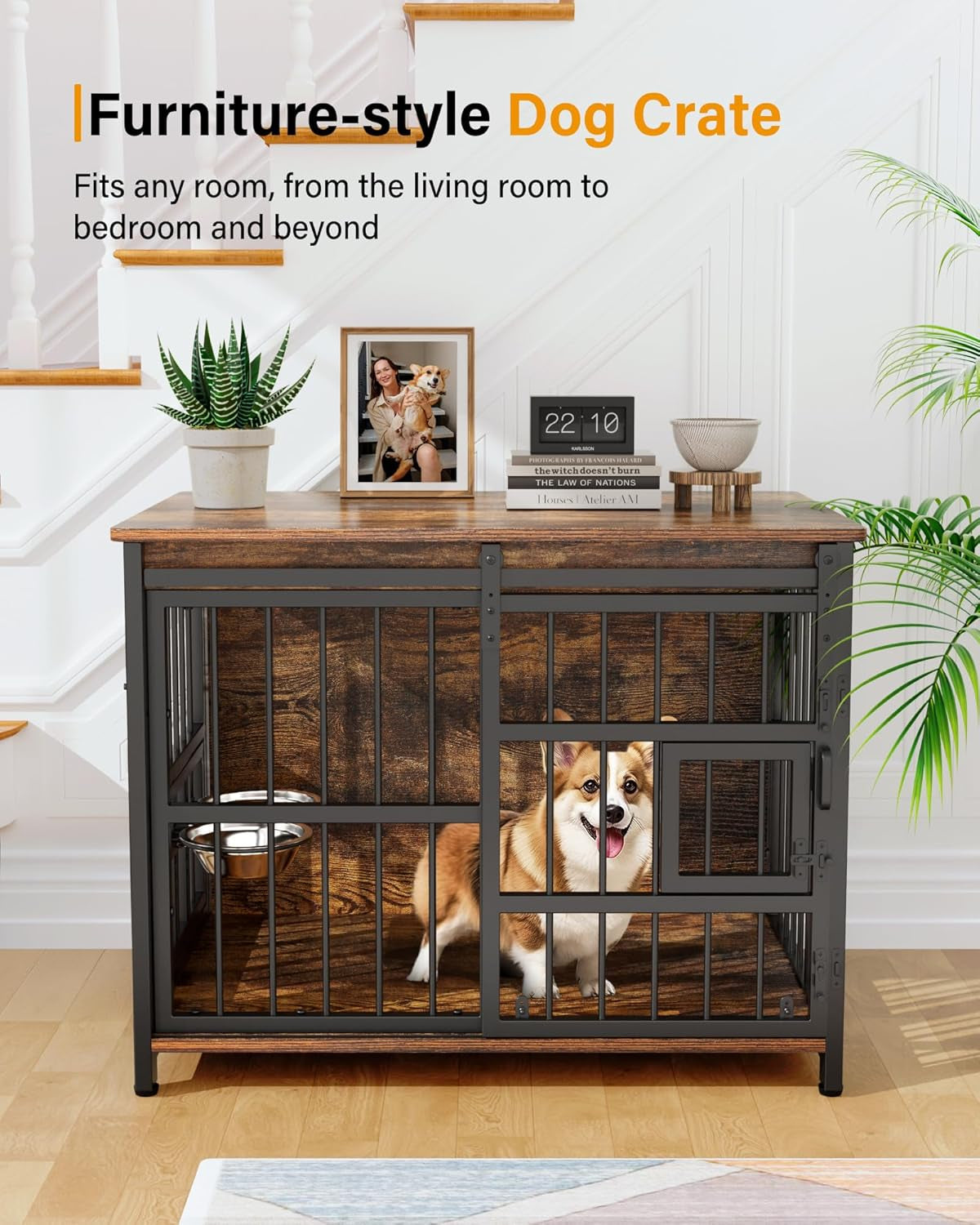 Dog Crate Furniture with Sliding Barn Door, 44"/39"/32" Decorative Dog Kennel Indoor with 2 Doors, Escape-Proof Multi-Lock Crates for Medium Dogs Indoor, Chewproof Wooden End Table, 360° Feed Rack