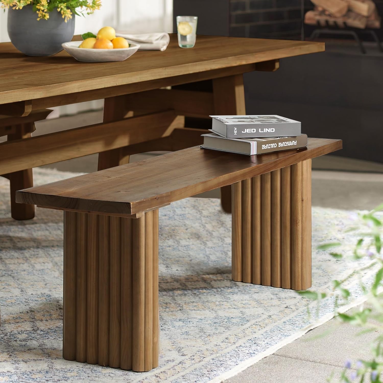 Solid Wood Entryway Bench - 51.2" Fluted Farmhouse Bench, Indoor Long Dining Benches Seat Narrow End of Bed Benches for Entry Way, Kitchen, Living Room and Bedroom, Brown