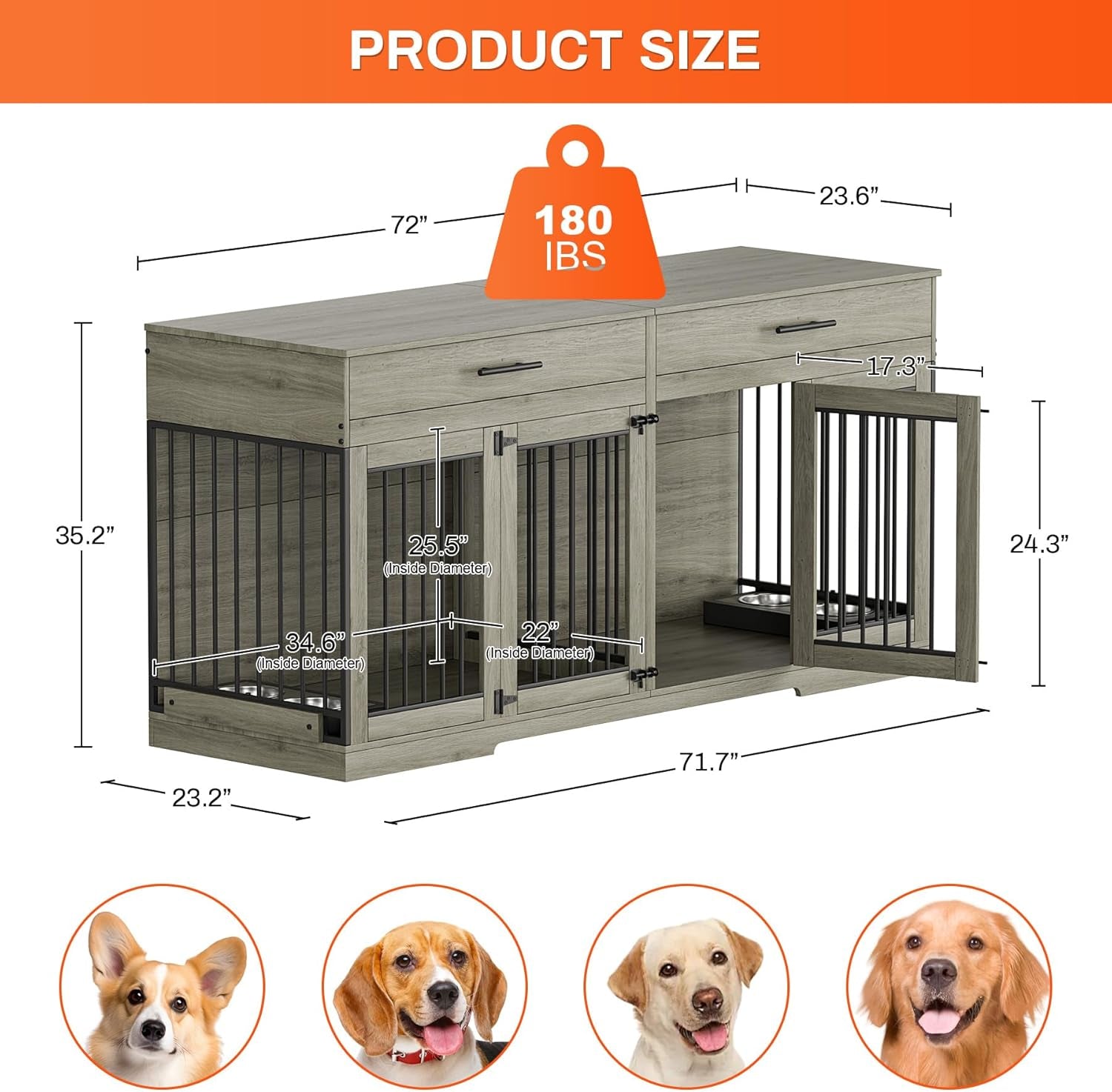 72" Dog Crate Furniture for 2 Dogs, Large Dog Kennel Furniture with 2 Storage Drawer and Removable Divider, Wooden Dog Cage with 4 Bowls, Indoor Dog House TV Stand for Medium Dog, Grey