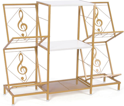 Record Player Stand with Vinyl Record Storage, Turntable Stand with 4-Tier Vinyl Display Shelf & Metal Frame, Record Holder for Living Room, Gold & White