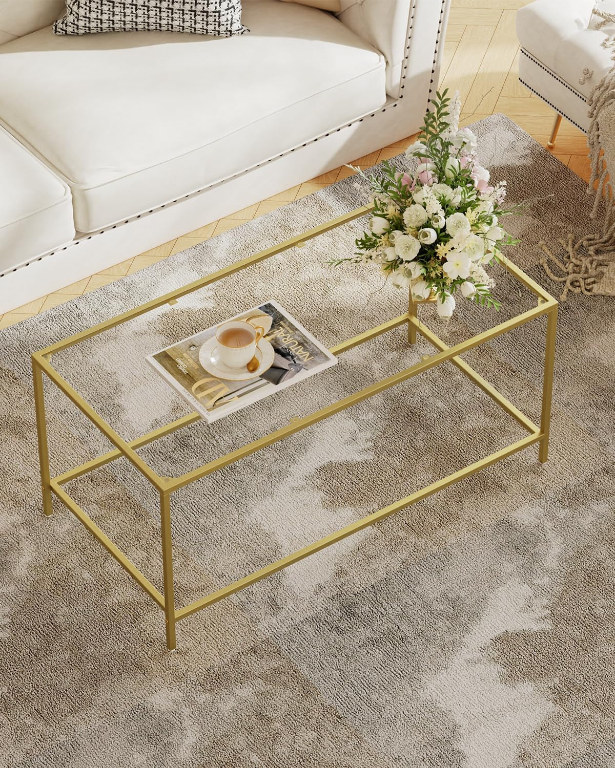 Glass Coffee Table, Modern Rectangular Coffee Table for Living Room, Minimalist Center Tea Table with Sturdy Metal Frame for Apartment, Office, Easy Assembly, 39.4 X 19.7 X 17.7 Inches, Golden