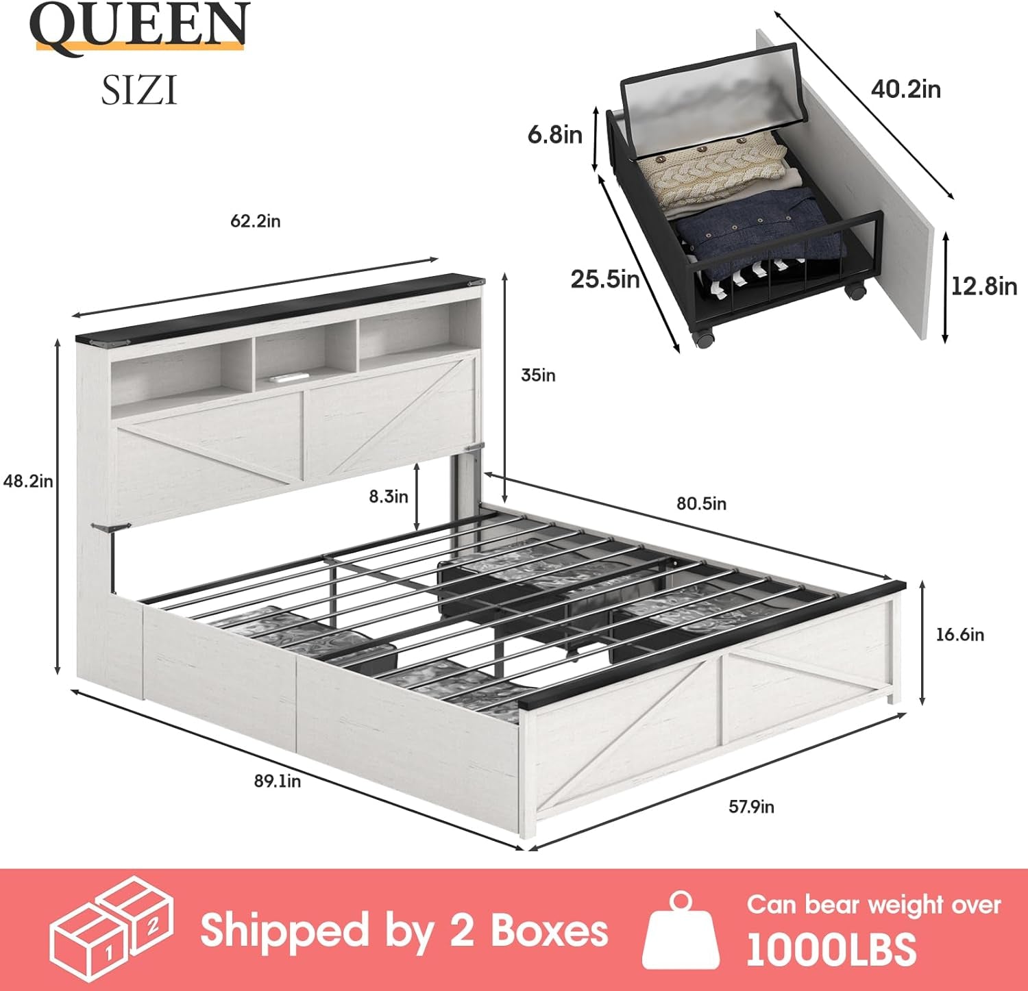 Farmhouse Queen Size Bed Frame with 48" Tall Storage Headboard, Wood Bedroom Platform Bed Frame No Box Spring Needed, 4 Storage Drawers Underneath, Adjustable LED Lights, Charging Station