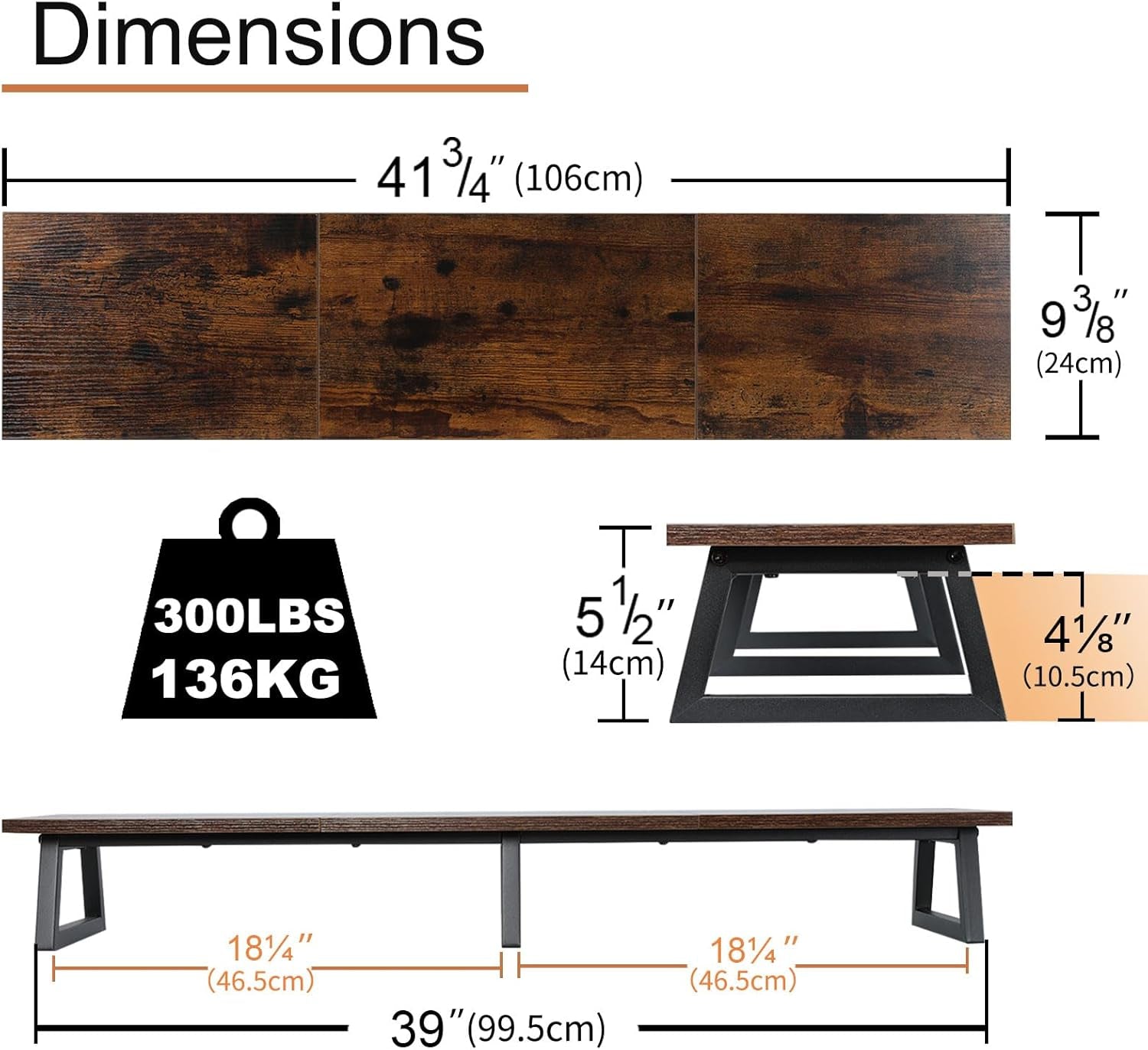 42 Inch Large [Dual] [Monitor] [Riser],Rustic Brown Extra Long TV [Stand Wood & Steel Desktop [Riser] with Storage for [Dual] Screen Office Desk Organization