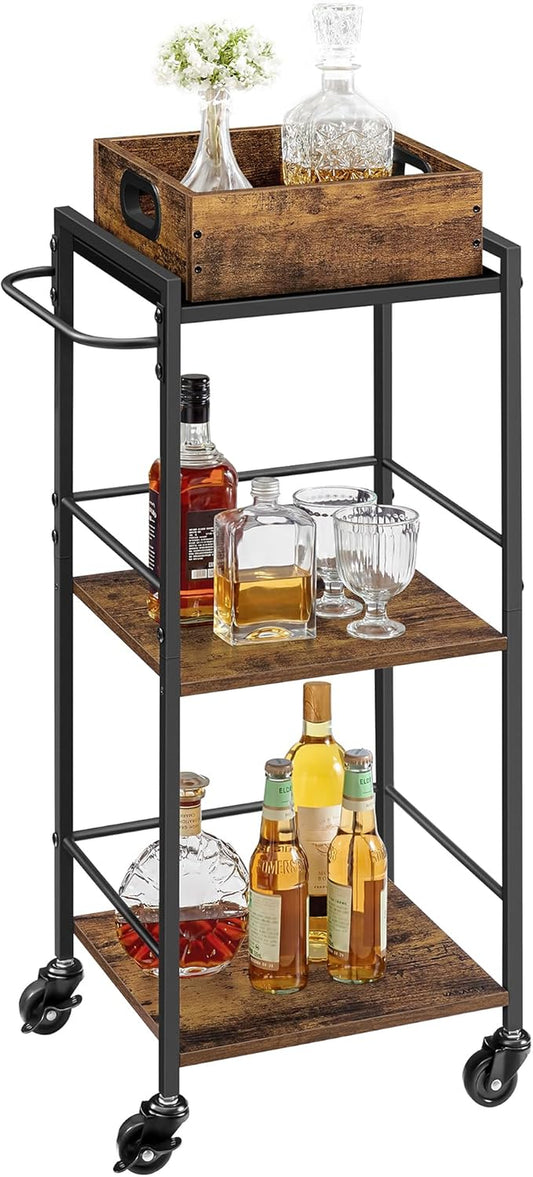 Kitchen Serving Cart with Removable Tray, 3-Tier Kitchen Utility Cart on Wheels with Storage, with Brakes, Leveling Feet, 11.8 X 13.7 X 33.9 Inches, Rustic Brown and Black ULRC062B01