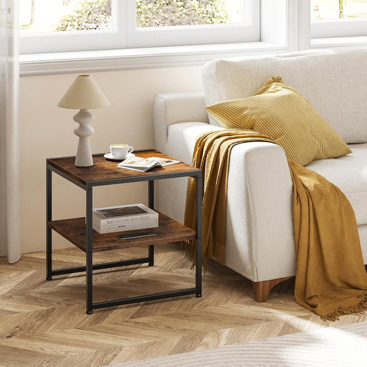 20" End Table with Charging Station, Industrial Square Side Table with USB Ports & Outlets, Versatile 2-Tier Small Nightstand for Bedroom Living Room, Rustic Brown