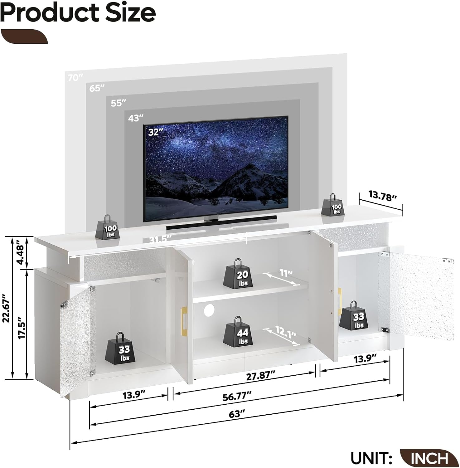 TV Stand for 65/70 Inch TV, High Gloss Entertainment Center with Storage Cabinets & Adjustable Shelves, Modern TV Console with Acrylic Door, TV Stands for Living Room Bedroom (Glossy White)