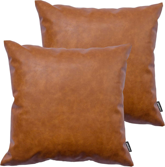 Faux Leather Throw Pillow Covers 20X20 Inch Set of 2 Thick Cognac Brown Large Decorative Modern Boho Farmhouse Bedroom Living Room Square Cases for Couch Bed Sofa
