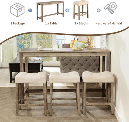 59" Counter Height Bar Table Set with Power Outlet, Industrial Breakfast Table with 3 Padded Stools, 4 Piece Bar Table and Chairs Set for Living Room, Dining Room, Brown