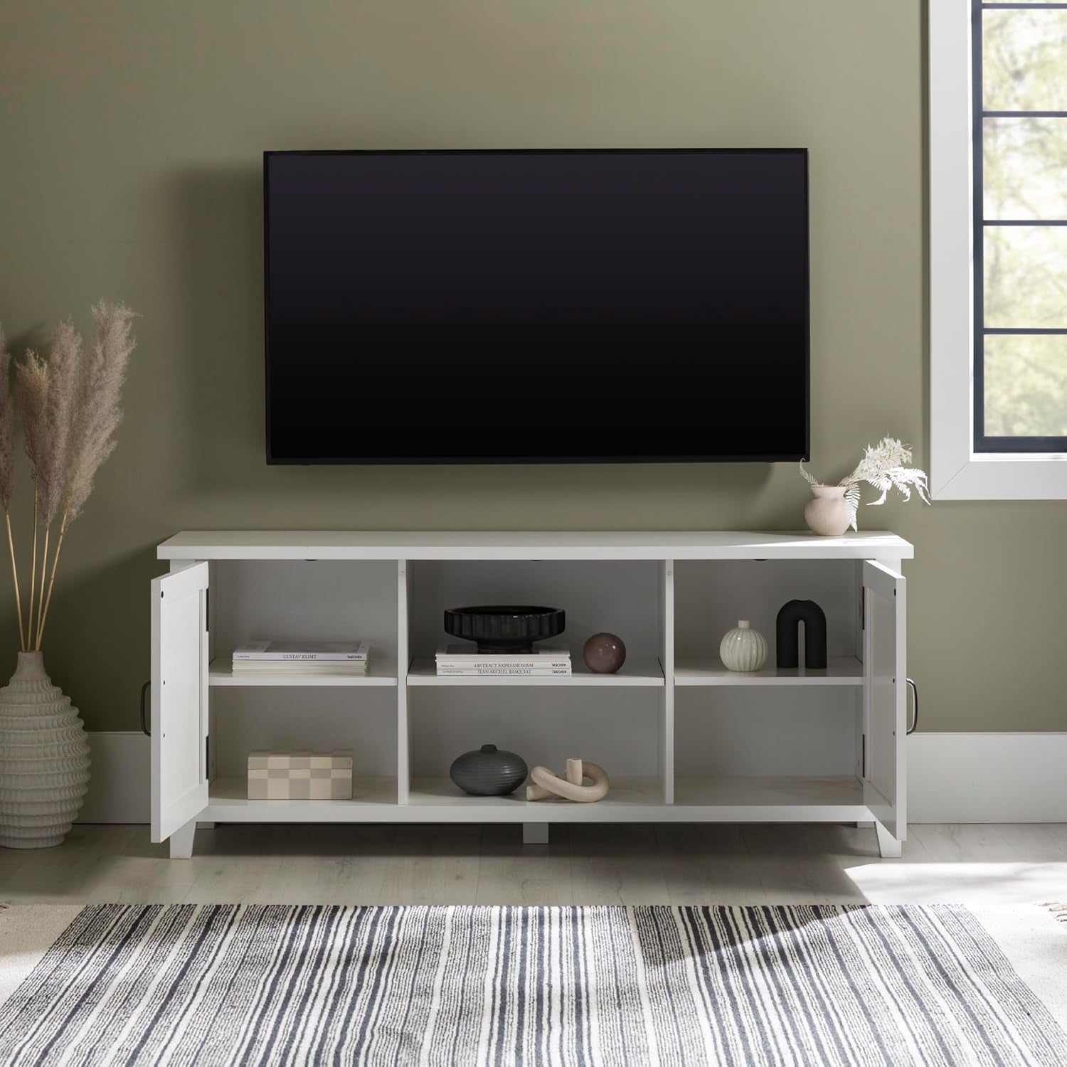 Buren Classic Grooved Door TV Stand for Tvs up to 65 Inches, 58 Inch, Solid White