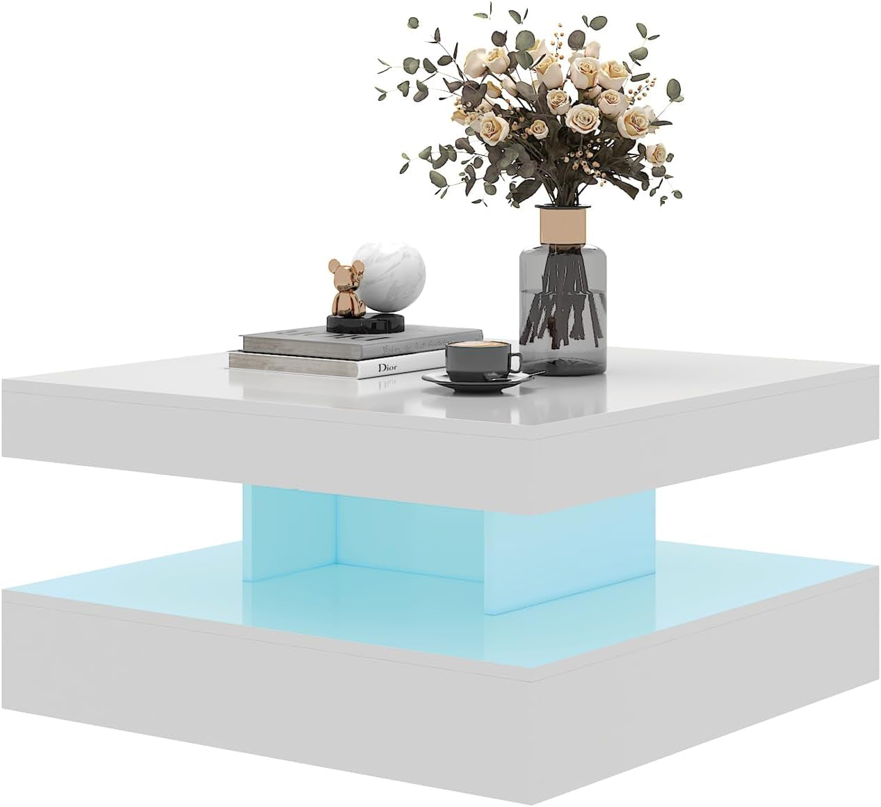 White LED Coffee Table for Living Room, 2-Tier Square Center Table Living Room Table, Modern High Glossy Contemporary Wood Coffee Tables with Storage, Suitable for Dining Reception
