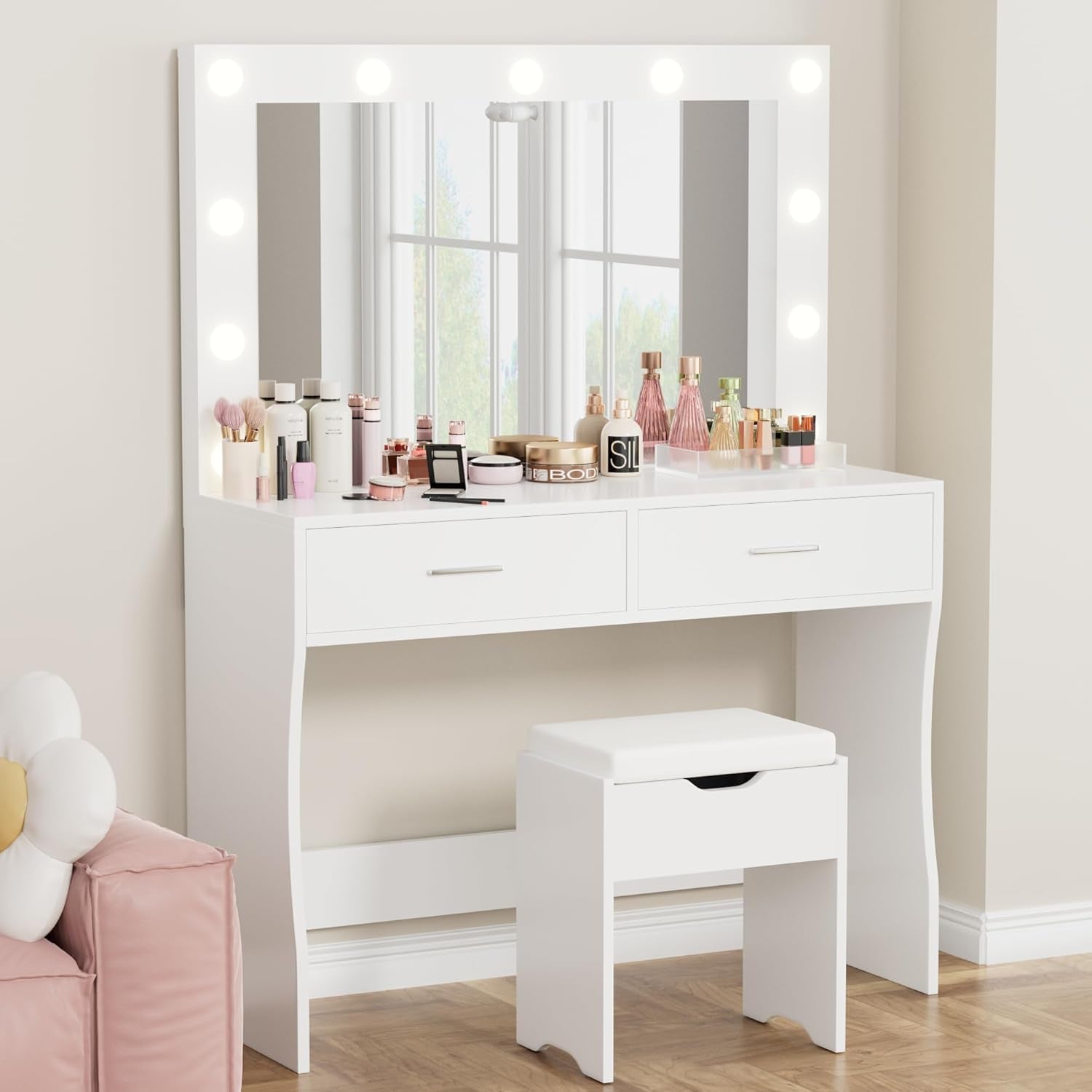 Vanity Desk Set with Large Lighted Mirror, 35.4 Inch Makeup Vanity Table with 2 Drawers, Cushioned Storage Stool, 3 Lighting Modes Brightness Adjustable, Dressing Table for Bedroom (White)