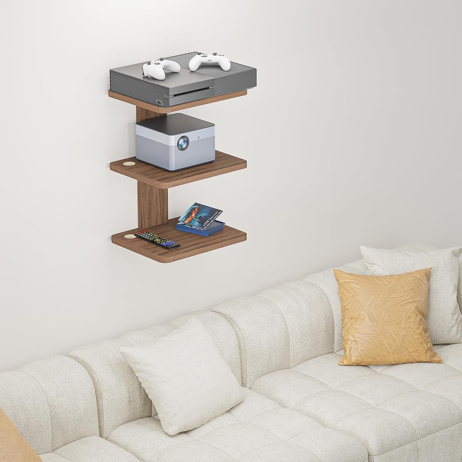 Floating TV Shelves for Wall, Projector Shelf Holds up to 22Lbs, Wooden Wall Mounted Shelves for DVD Players, Cable Boxes,Game Consoles, Living Room Decor Accessories (CS303N), 3 Shelf, Wood