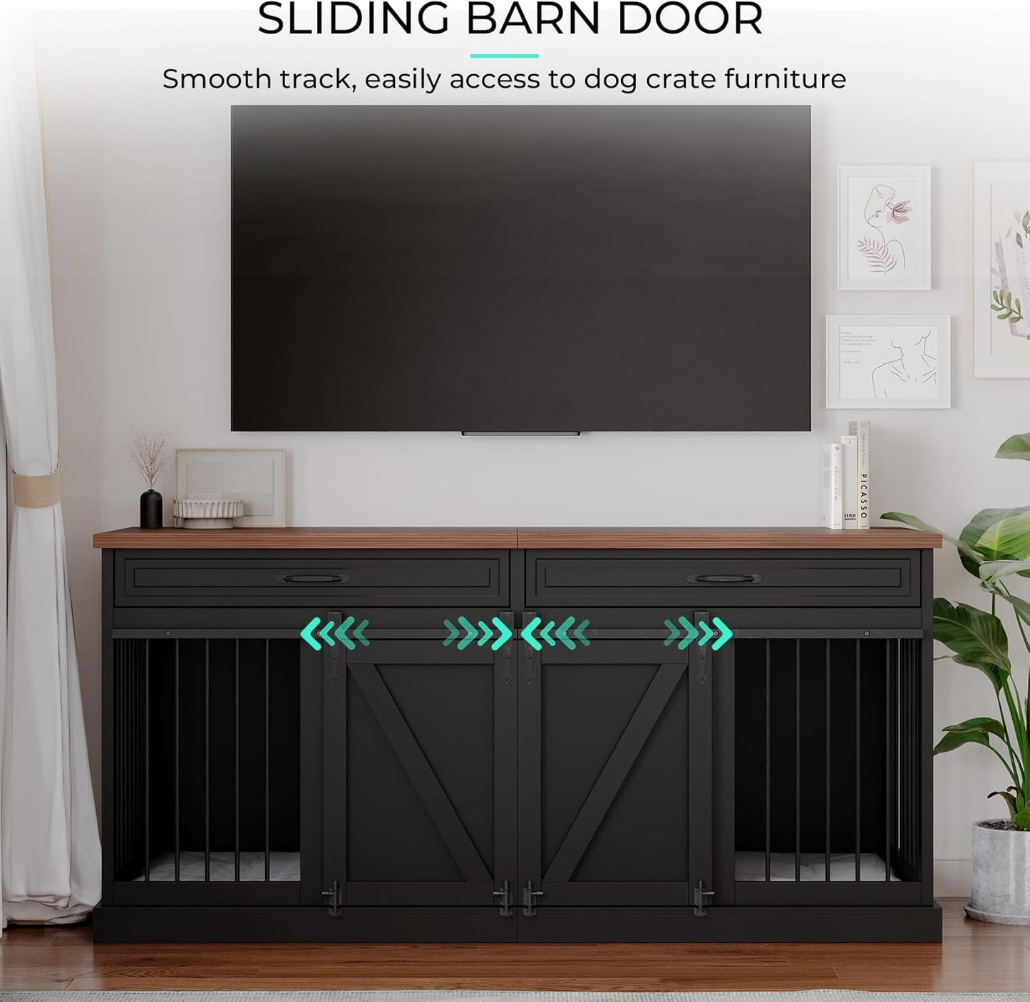 Dog Crate Furniture - Indoor Wooden Dog Kennel Furniture with Double Sliding Barn Doors, 2 Drawers & Room Divider - 72" L X 23.6" W X 34" H - Black