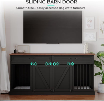 Dog Crate Furniture - Indoor Wooden Dog Kennel Furniture with Double Sliding Barn Doors, 2 Drawers & Room Divider - 72" L X 23.6" W X 34" H - Black