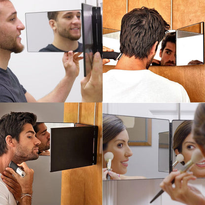 3 Way Mirror for Hair Cutting,360 Trifold Mirror with Height Adjustable Telescoping Hooks,And 5X Magnification,For Makeup, Hair Styling