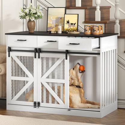 47 Inch Wooden Dog Crate Furniture for 2 Dogs with Removable Divider & Storage Drawers, Double Door Kennel for Medium and Extra Large Dogs, Farmhouse Dog Cage Side End Table for Indoor Use, White
