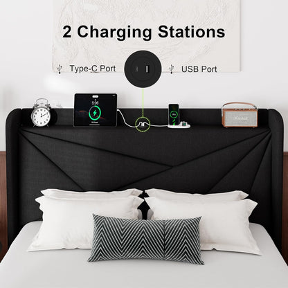 Queen Size Bed Frame with Charging Station, Linen Upholstered Platform Bed Frame with Wingback Storage Headboard, Solid Wood Slats Support, No Box Spring Needed, Noise Free, Black