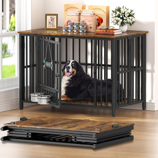 31" Dog Crate Furniture Foldable, No Assembly Decorative Dog Kennel Indoor, Dog Crates for Medium Dogs(20-35 Lb), Wooden Dog Cage with Adjustable Bowls and Name Tag, End Table, Rustic Brown