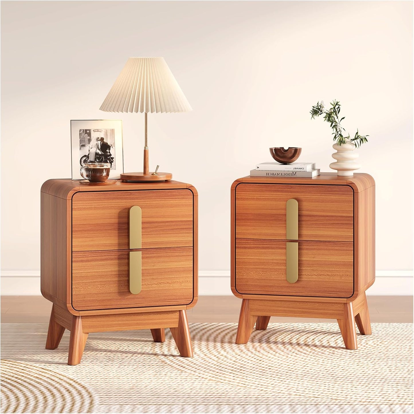 Nightstands Set of 2,Mid Century Modern Side Table with 2 Drawers & Solid Wood Legs,Curved Corner Bedside Table for Small Space,Bedroom,Cherry