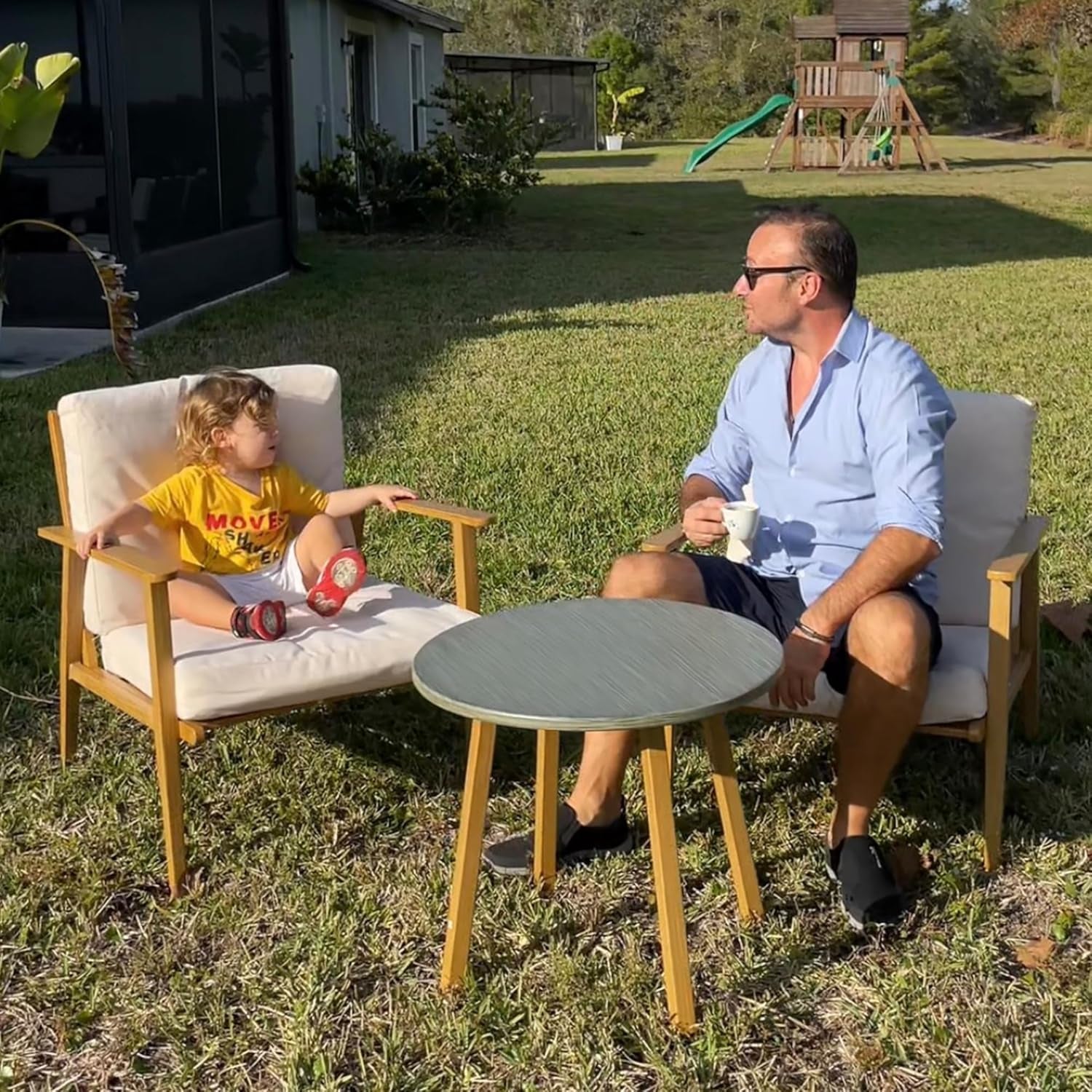 Outdoor Bistro Set, 3 Piece Patio Set, Wood Effect Steel round Table and Chairs with Wide and Deep Seat, Small Conversation Patio Furniture with Cushions for Backyard, Porch, Cream White