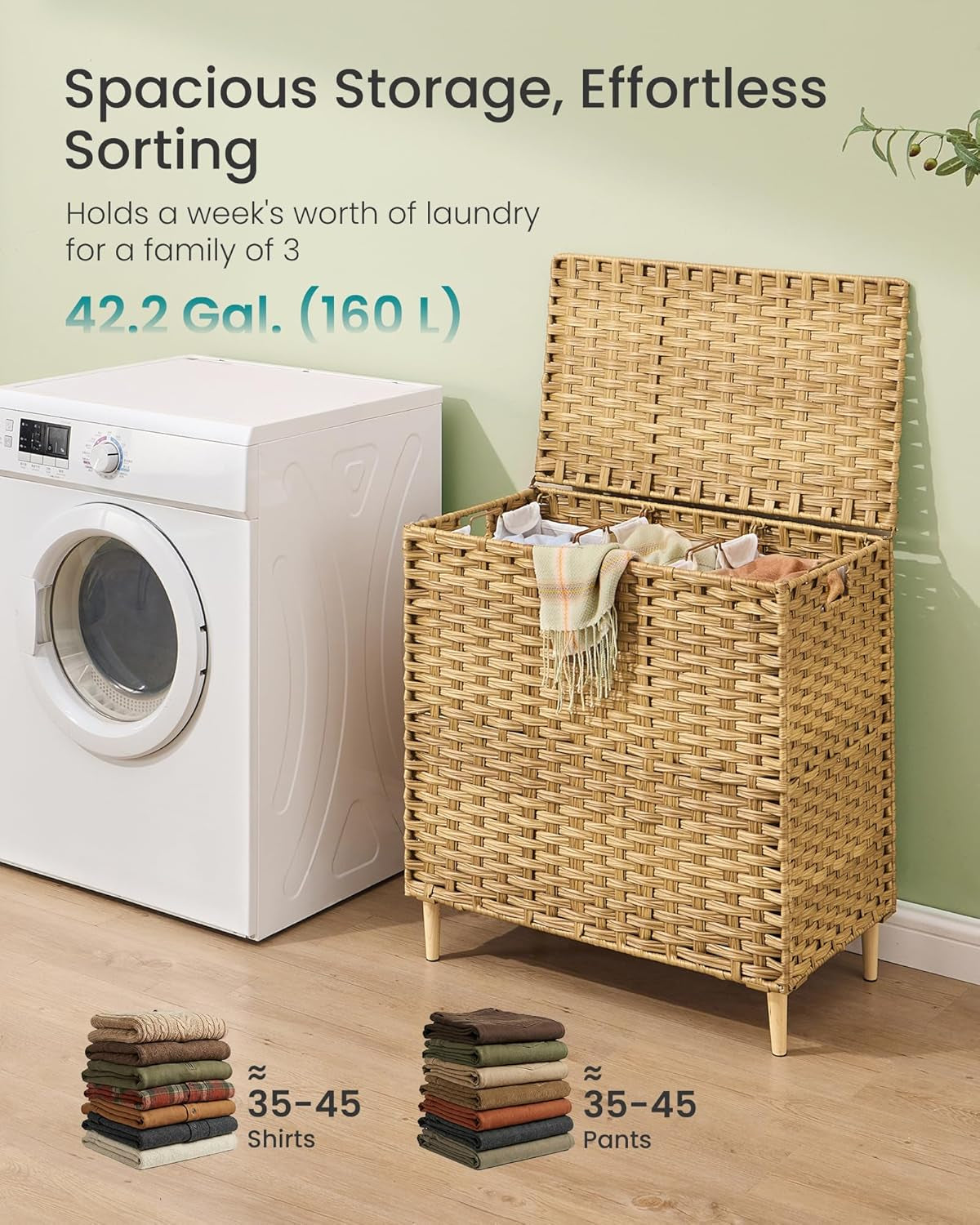 3-Section Laundry Hamper with Lid, 42.2 Gal (160L) PE Rattan Laundry Basket with Removable Washable Liners, for Bedroom & Living Room, Goose Yellow ULCB223YE01