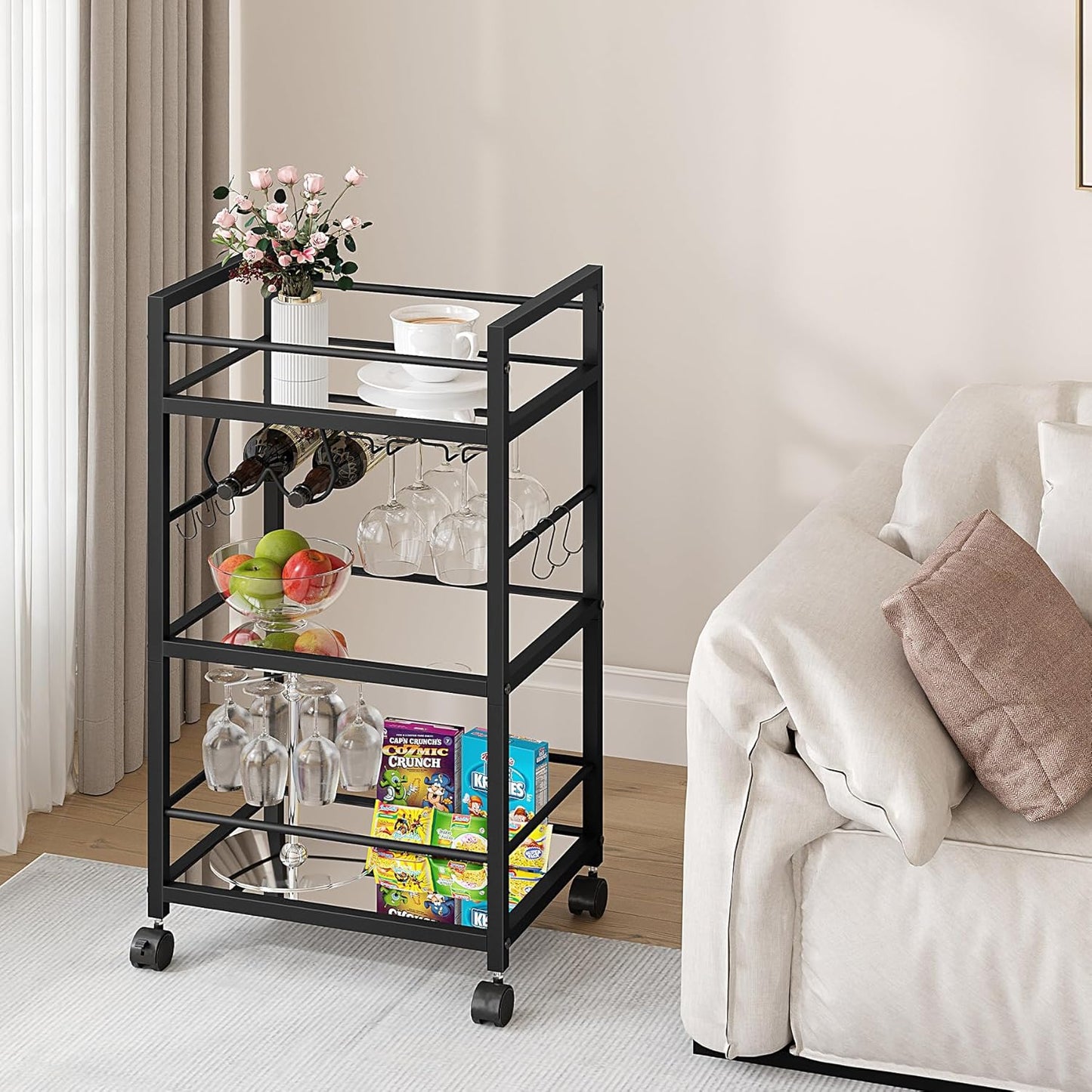 Bar Cart, Serving Cart for Home, Microwave Cart, Drink Cart, Mobile Kitchen Shelf with Wine Rack and Glass Holder, Rolling Beverage Cart for Dining Room, Black