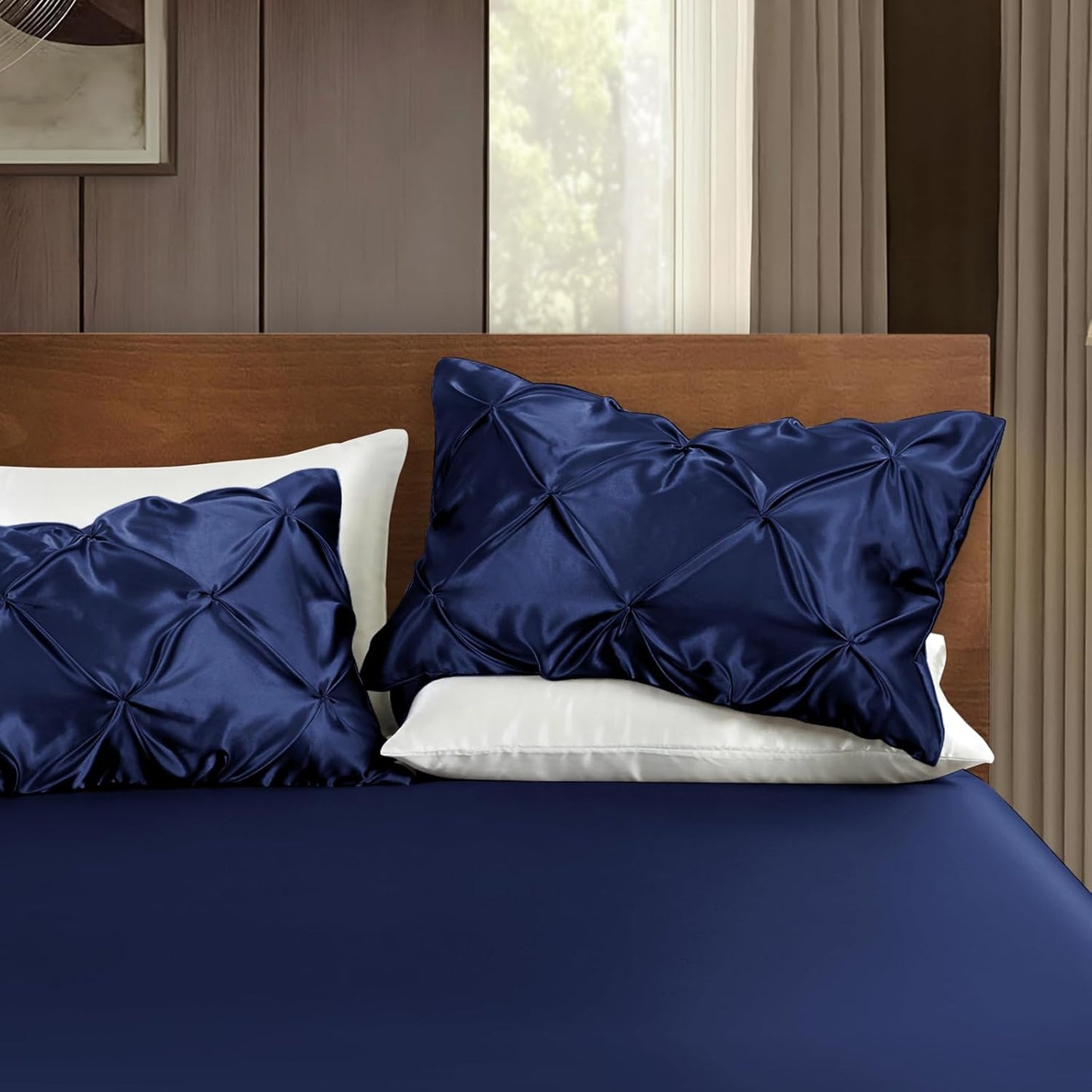 Pintuck Satin Pillowcase King Size Set of 2, Navy Blue Satin Pillow Shams Pinch Pleated Silky Smooth Pillow Covers for Hair, Decorative Pillow Case with Envelope Closure