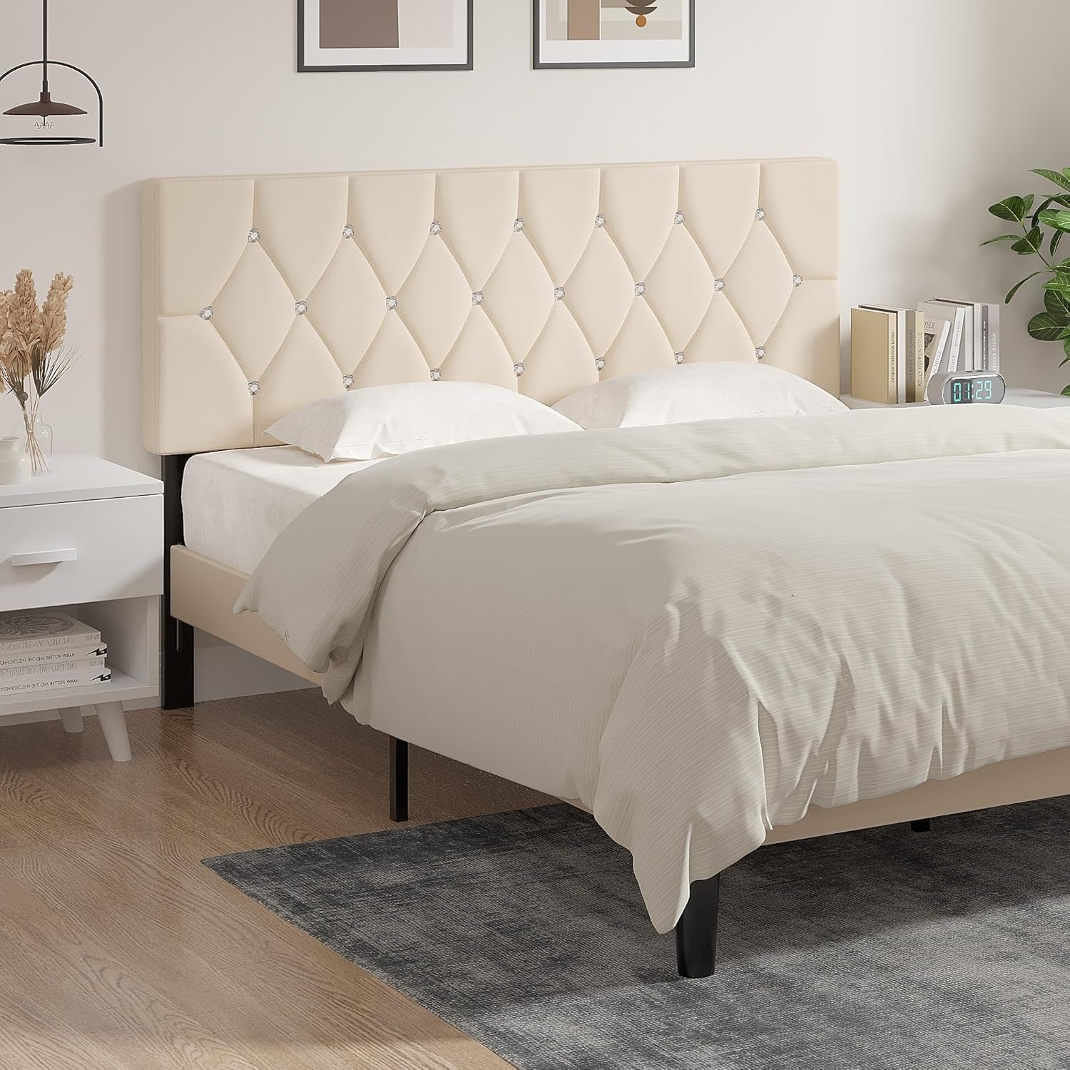 Tufted Upholstered Headboard Queen Size, with 6 Adjustable Height from 39.8" to 49.8", Button Diamond Design, Easy Assembly, Beige