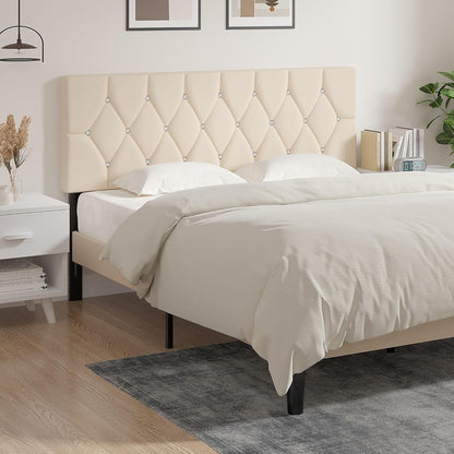 Tufted Upholstered Headboard Queen Size, with 6 Adjustable Height from 39.8" to 49.8", Button Diamond Design, Easy Assembly, Beige