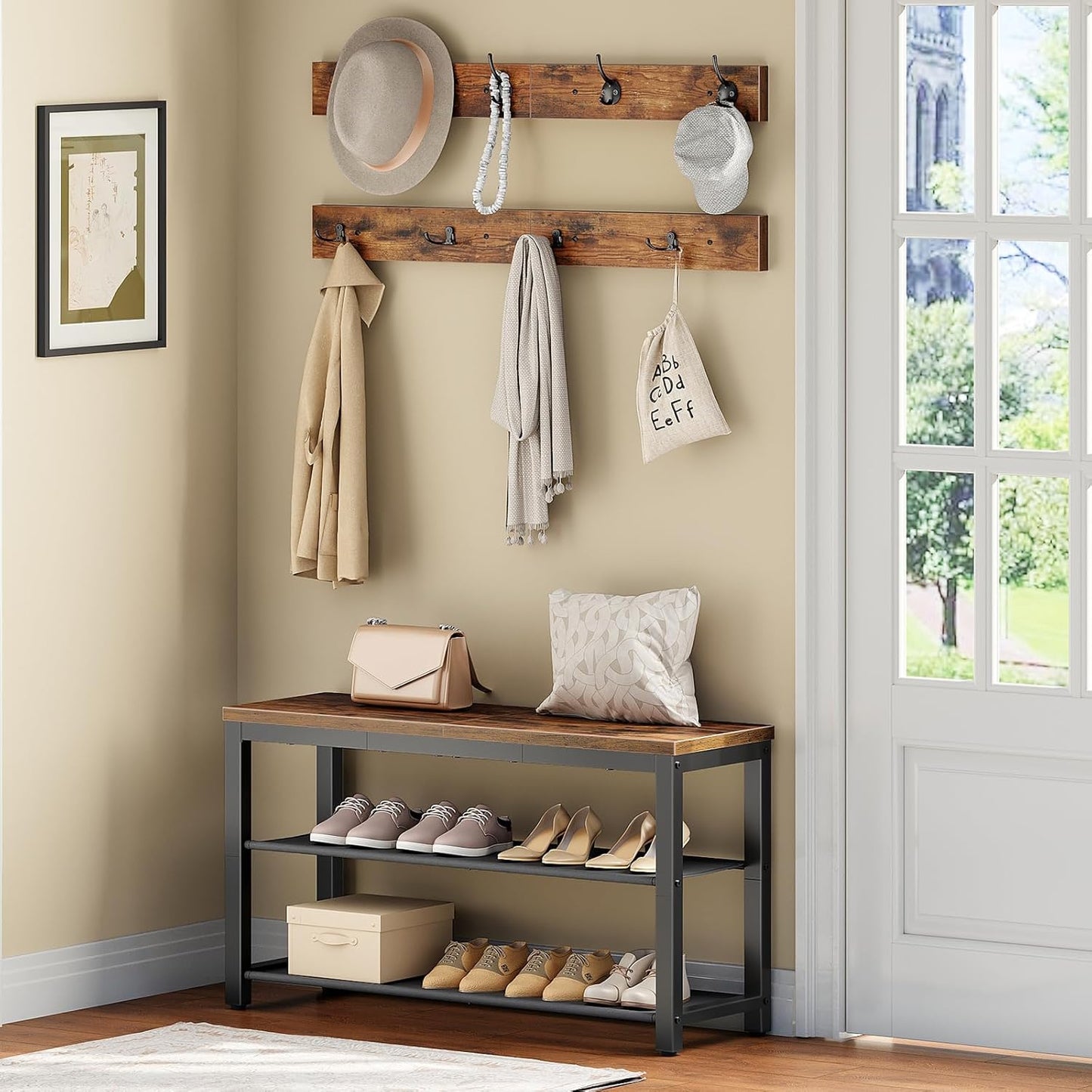 Hall Tree with Bench, Shoe Rack with Coat Rack, Entryway Bench with Coat Rack, Coat Rack with Shoe Storage, with 2 Oxford Fabric Shelves, Mud Room, Industrial, Rustic Brown and Black BF77MT01
