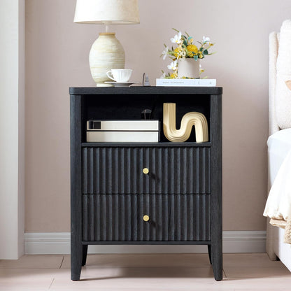 Fluted Nightstand with Charging Station Set of 2, 21" Wide Modern Bedside Table with 2 Drawers & Open Shelf, Wood End Table with Storage & Metal Handle for Bedroom, Small Spaces, Black