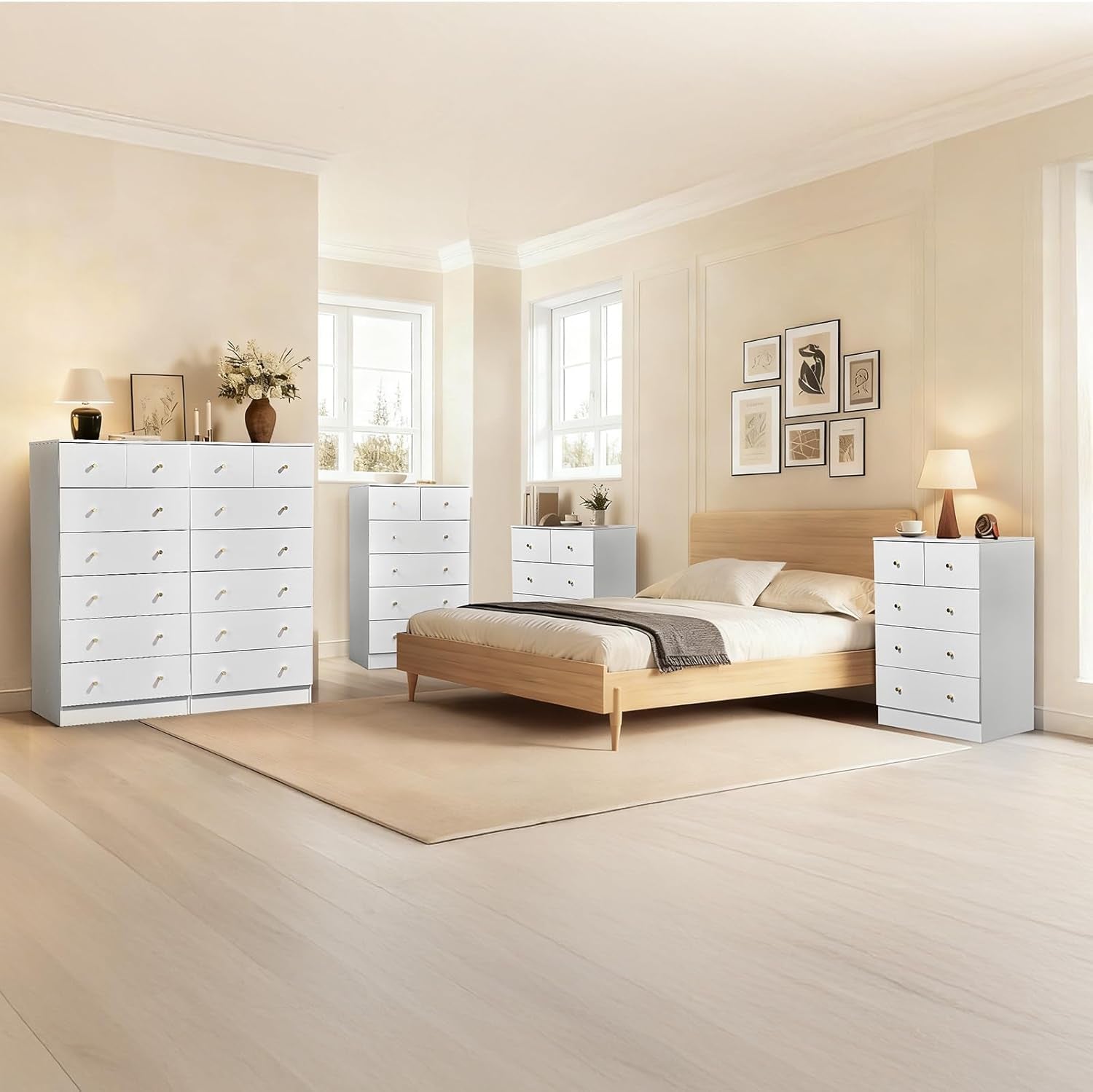 White 5 Drawer Dresser for Bedroom, Tall Dresser Chest of Drawers, Rustic Wood Bedroom Dressers Clothes Organizer, Anti-Tipping Device, Rose Gold Metal Handle, Living Room, Entryway, Office