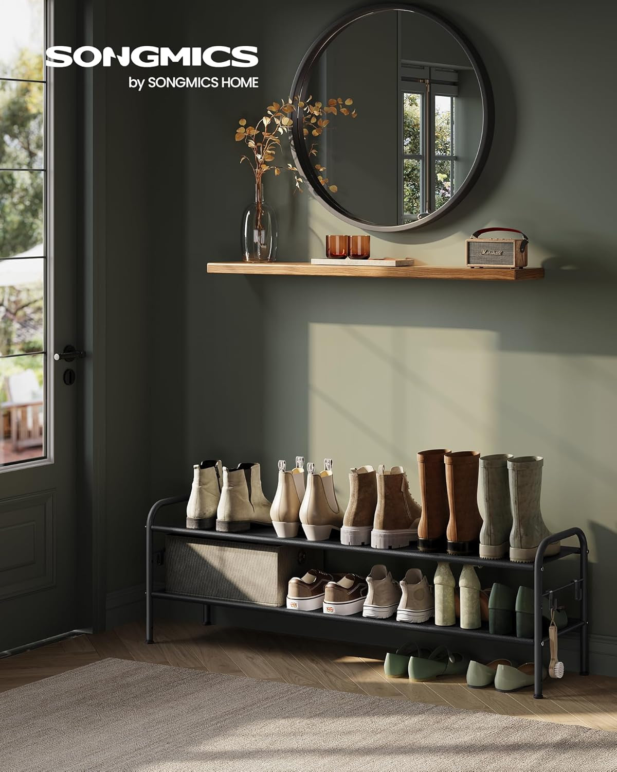Shoe Rack, 2-Tier Shoe Organizer, Fabric Shoe Shelf Storage with 4 Hooks, Holds up to 12 Pairs of Shoes, Height-Adjustable Shoe Rack for Entryway, Hallway, Closet, Easy Assembly, Ink Black