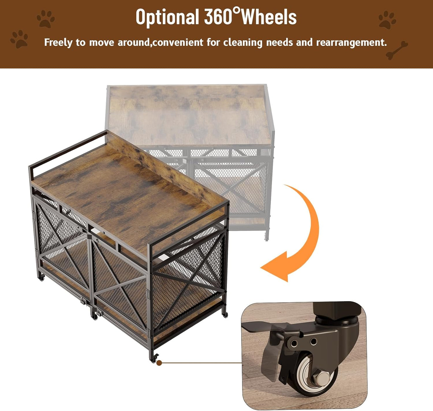 Large Dog Crate Furniture, 48 Inch Wooden Dog Kennel for Xlarge Dogs, Heavy Duty Dogs Furniture Indoor Wire Dog Cage with Caster Wheels,Decorative Pet House End Table, Textured Gray