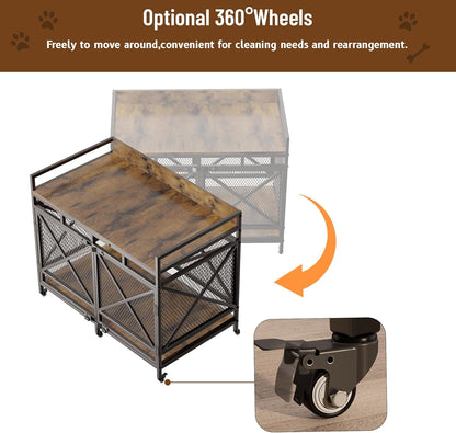 Large Dog Crate Furniture, 48 Inch Wooden Dog Kennel for Xlarge Dogs, Heavy Duty Dogs Furniture Indoor Wire Dog Cage with Caster Wheels,Decorative Pet House End Table, Textured Gray