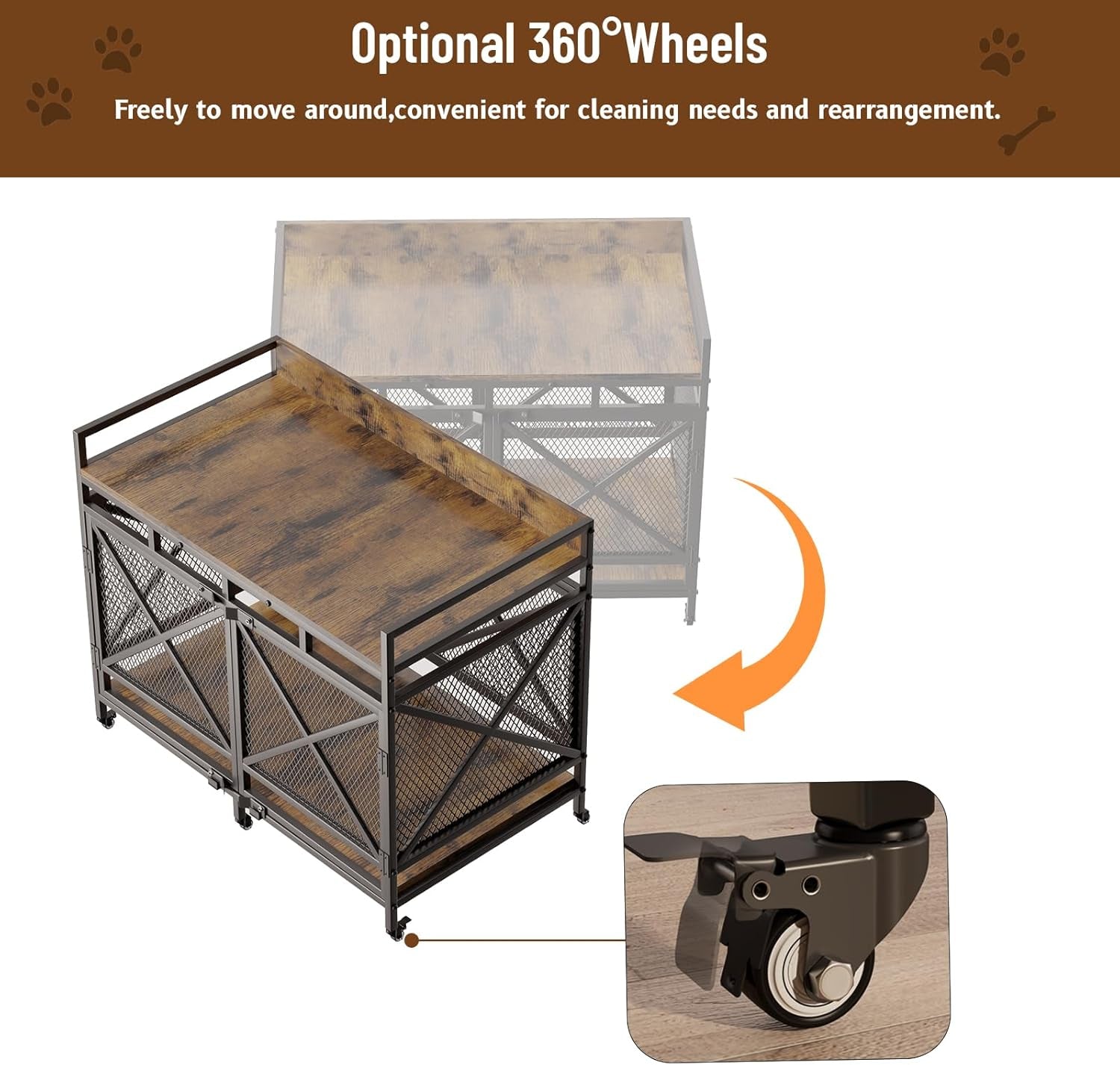 Large Dog Crate Furniture, 48 Inch Wooden Dog Kennel for Xlarge Dogs, Heavy Duty Dogs Furniture Indoor Wire Dog Cage with Caster Wheels, Decorative Pet House End Table, Brown