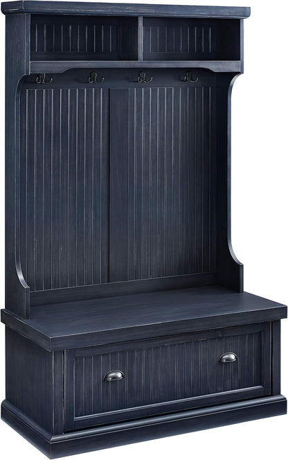 Seaside Hall Tree with Shoe Rack Bench and Coat Hooks for Hanging Storage, Distressed Navy